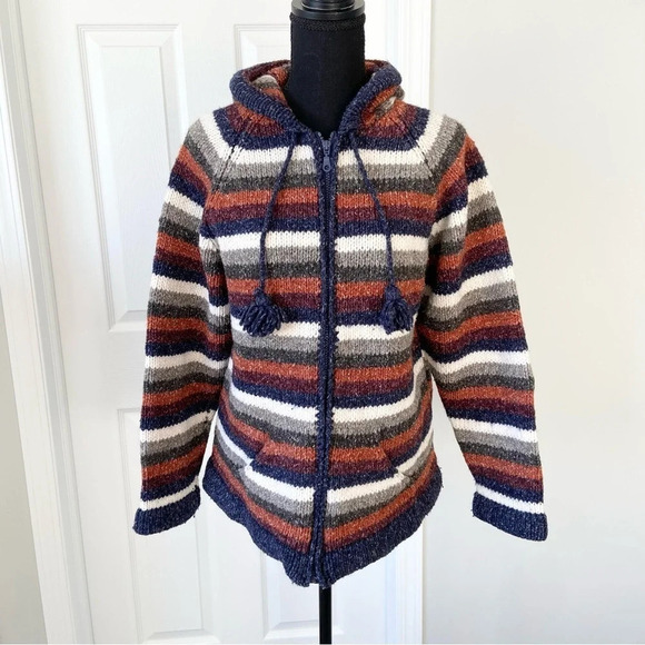 Wool Blend Chunky Knit Striped Boho Hoodie  Sweater Jacket - Picture 1 of 12